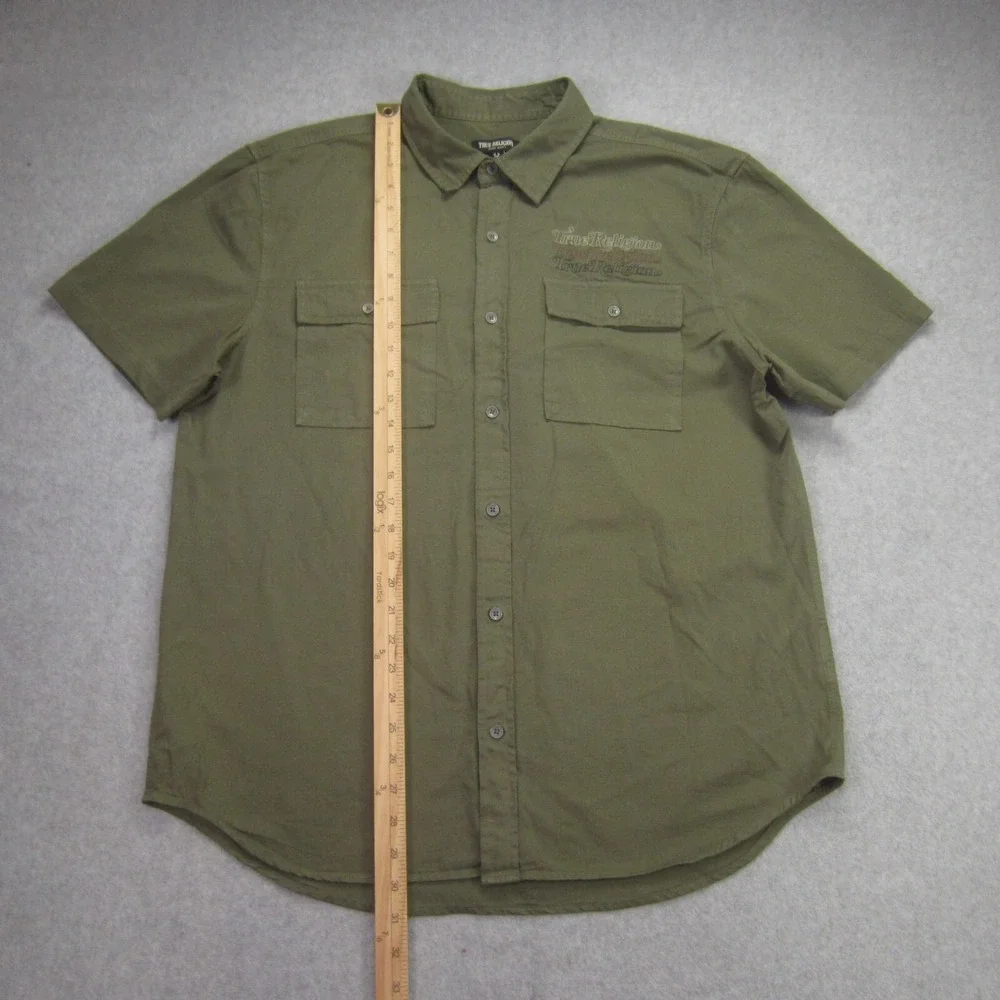 True Religion Shirt Mens L Green Short Sleeve Button Up Triple Needle Pocket